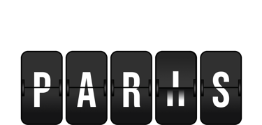 Tekstskilt som viser ordet "PARIS" i moderne design, svart bakgrunn.