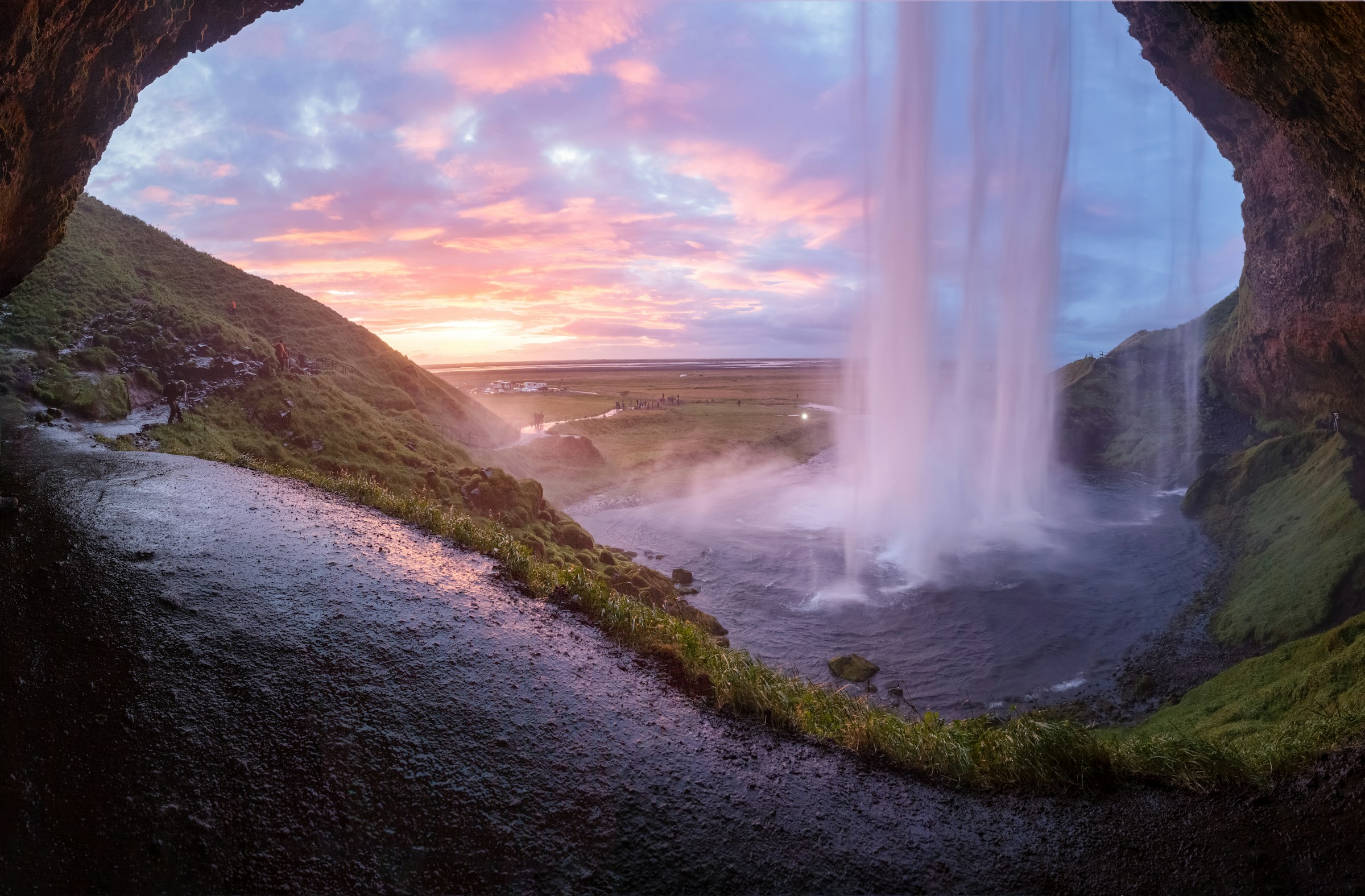 waterfalls with sunset at mountains in Iceland