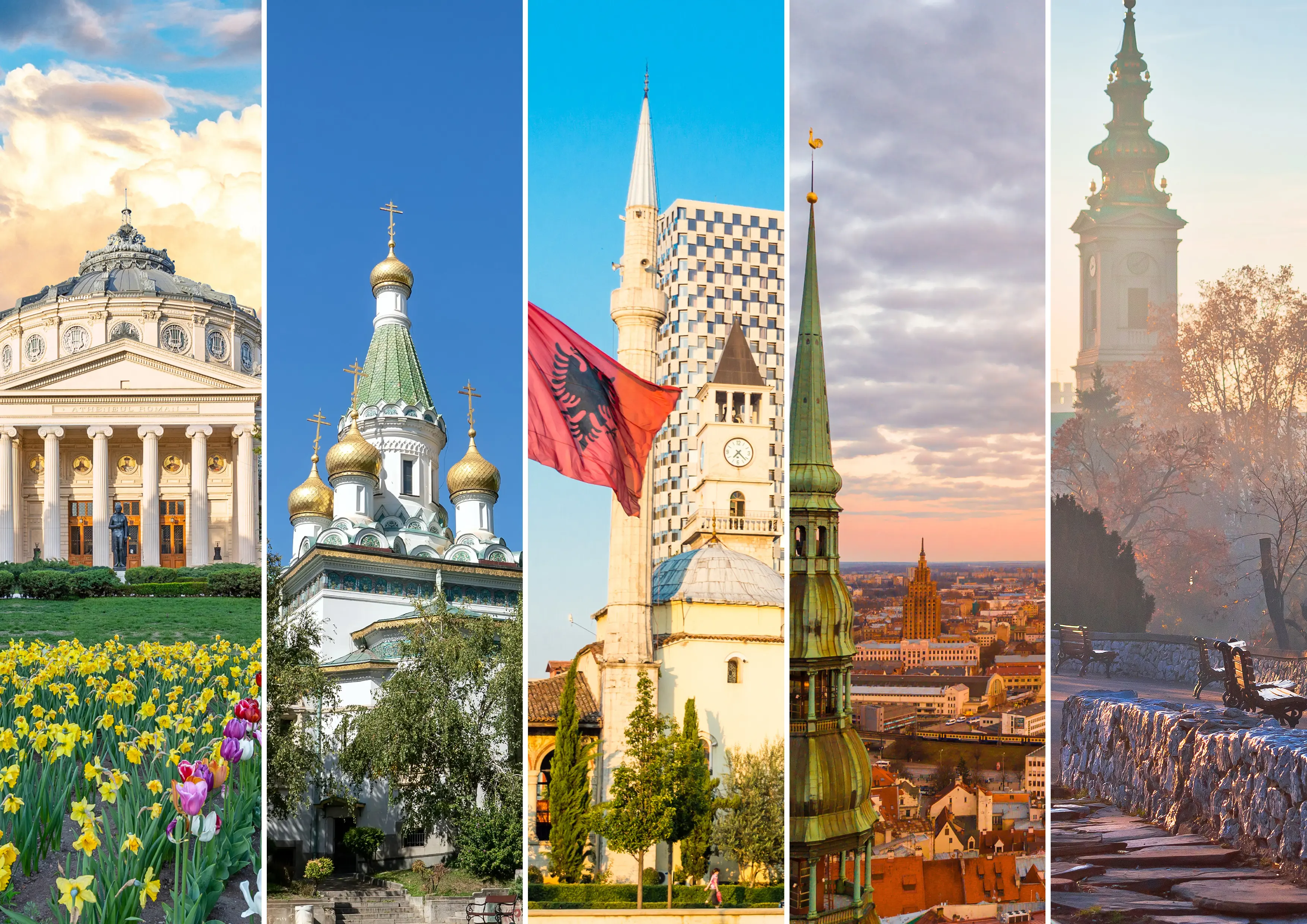 Fem ikoniske europeiske bygninger og landskap: Ateneul Român i București, russisk-ortodoks kirke med løkkupler, klokketårn med albansk flagg, historisk spiretårn i Latvia, og soloppgang over en bypark.