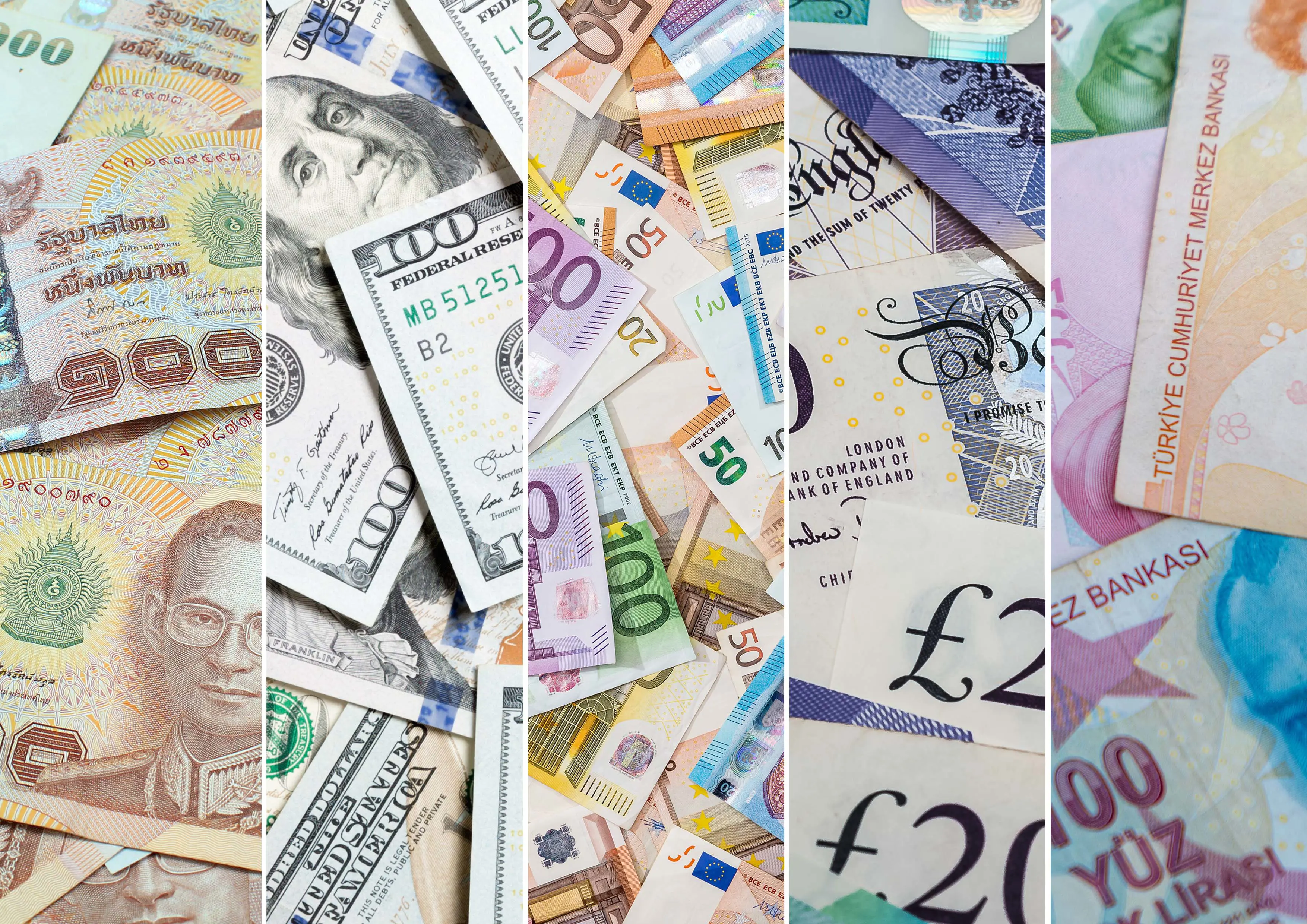 Bilder av fem forskjellige sedler i forskjellige valutaer