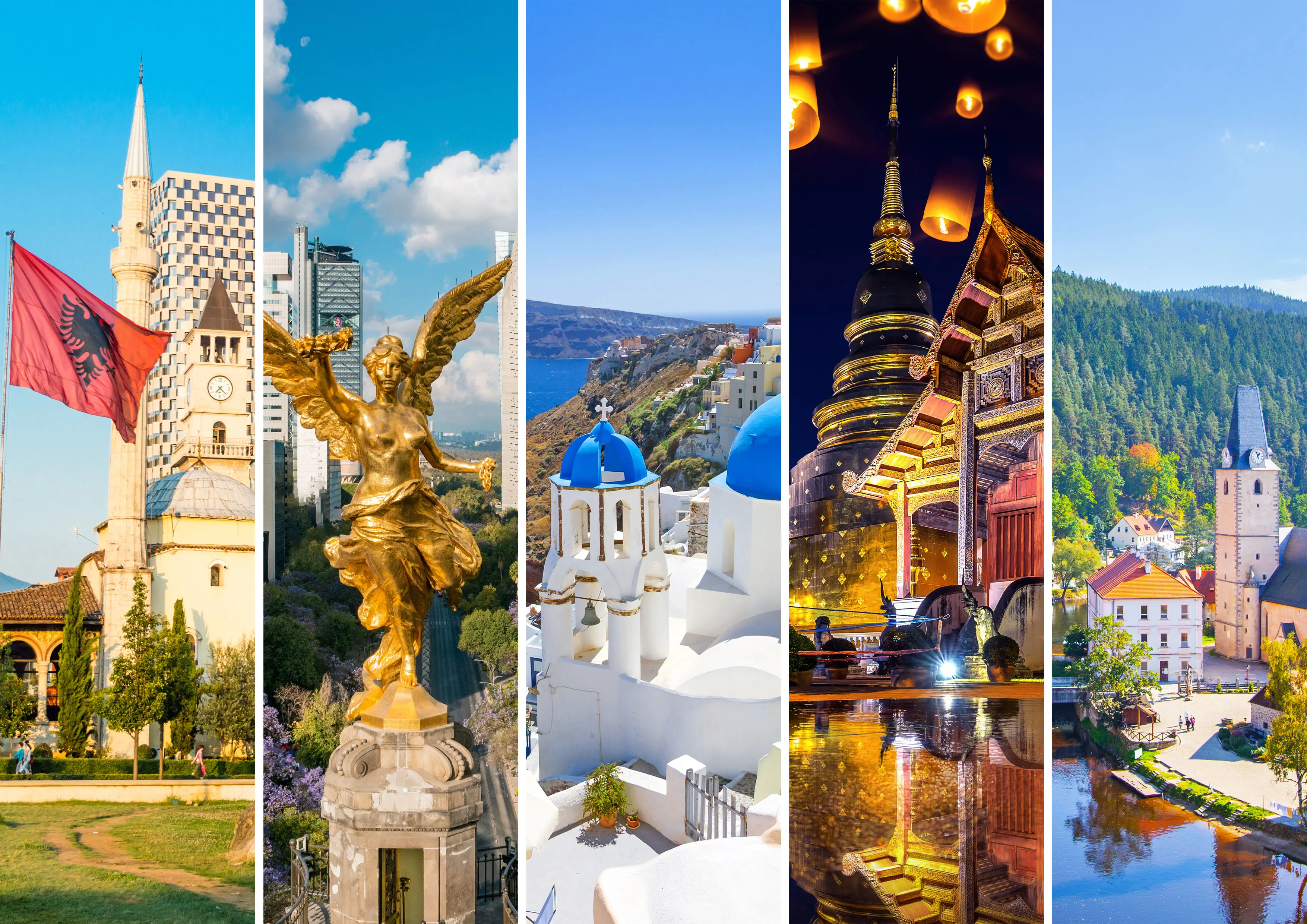 Collage av fem destinasjoner: Et tårn med albansk flagg, statue av en moderne by, hvite og blå bygninger ved sjøen, opplyst tempel med gylne detaljer, og pittoresk landsby med kirke omgitt av skog.