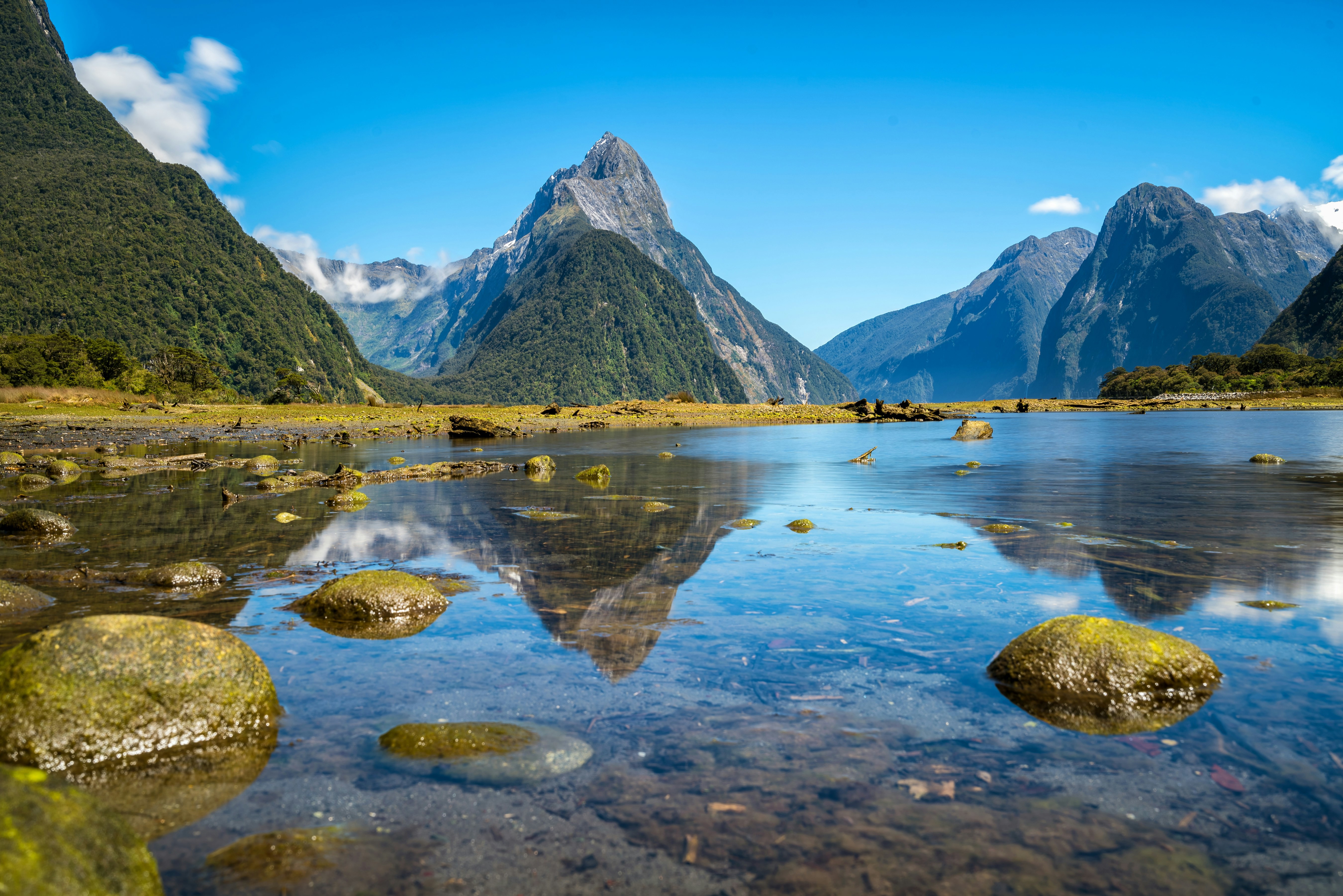 Lake i New Zealand med grøntområder rundt og fjell i bakgrunnen