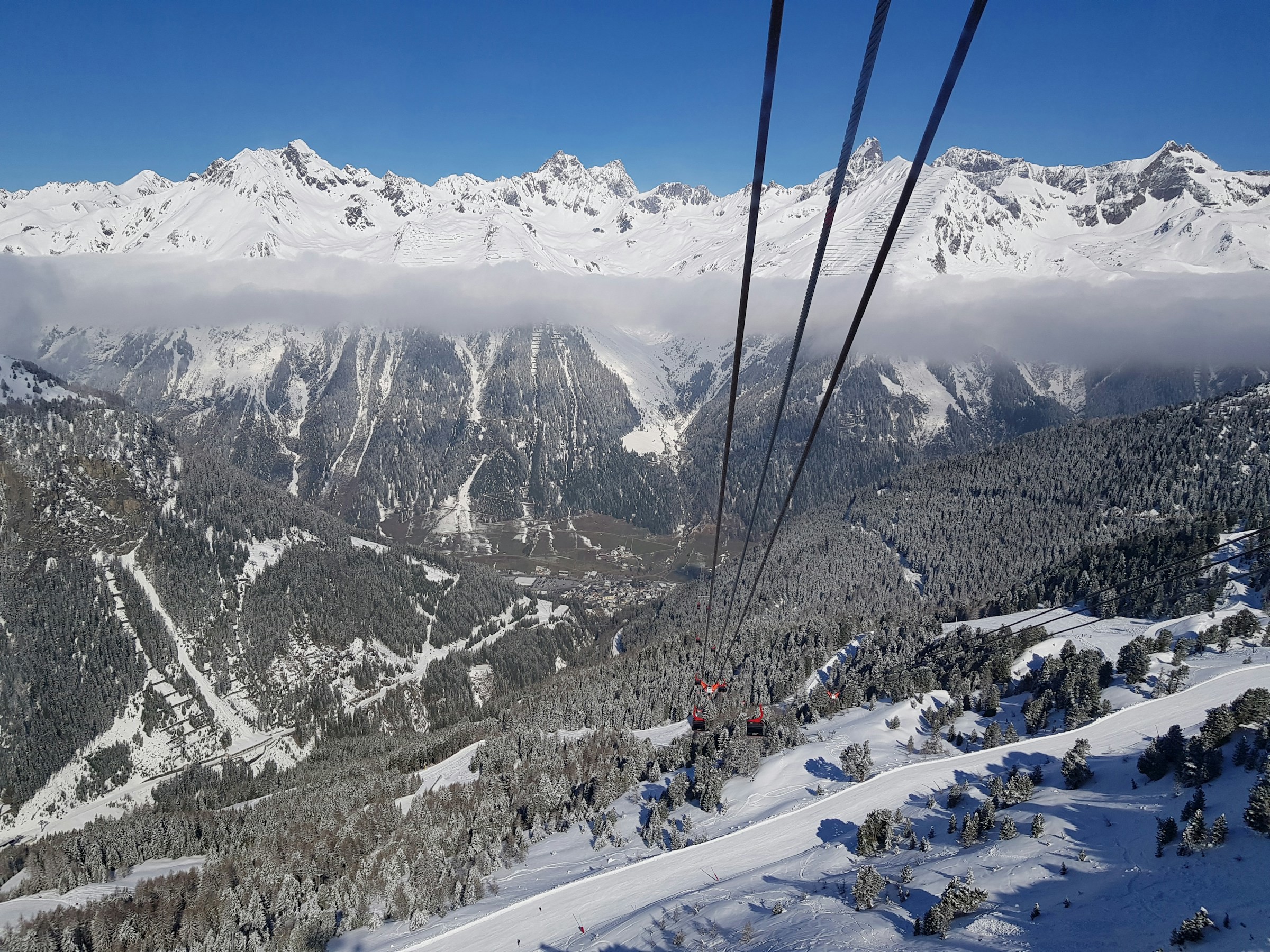 View of snow-capped mountains and ski lift in the Alps, Ischgl with clear blue sky