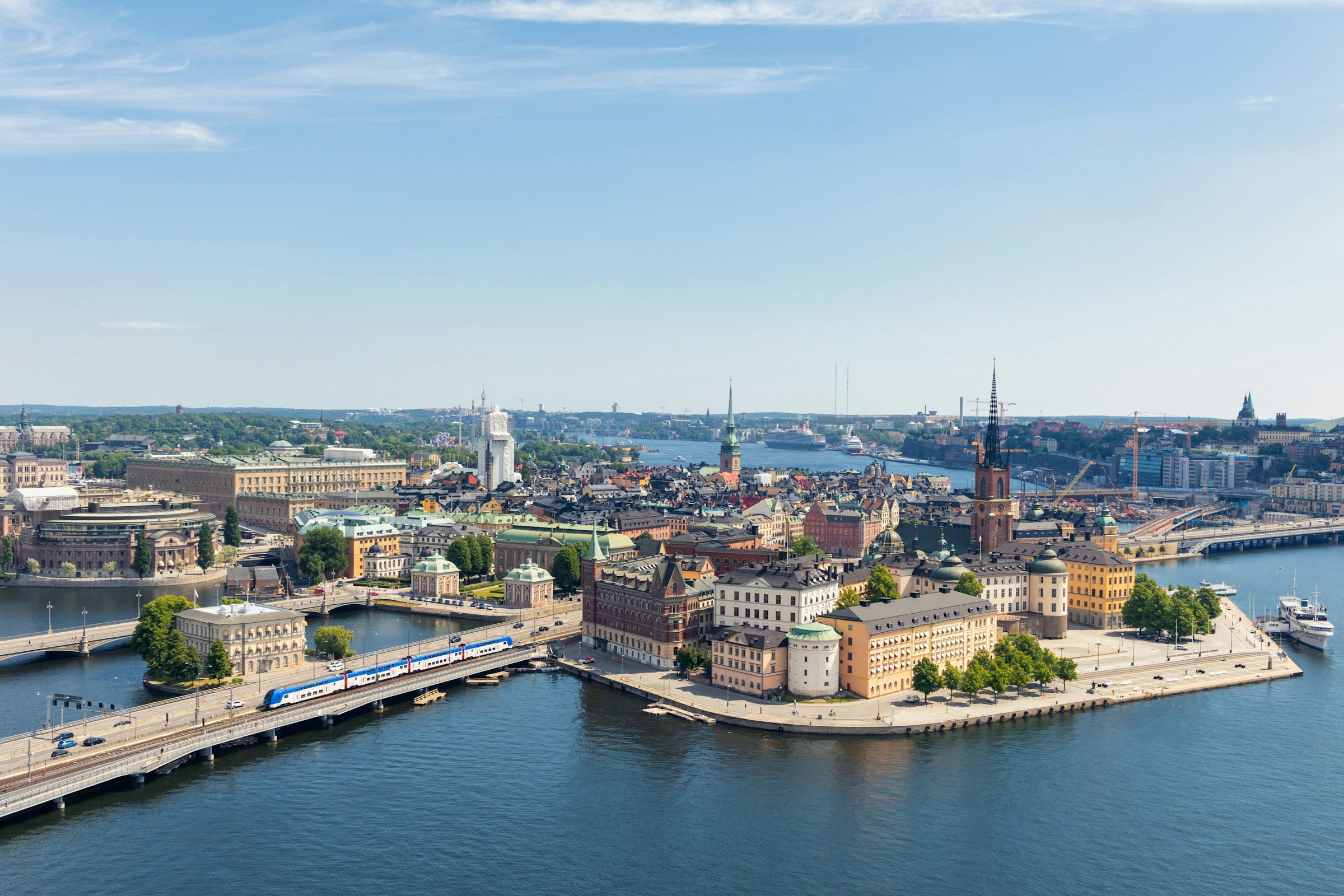 Aerial view of Stockholm cityscape with historic buildings and waterfront, Sweden.